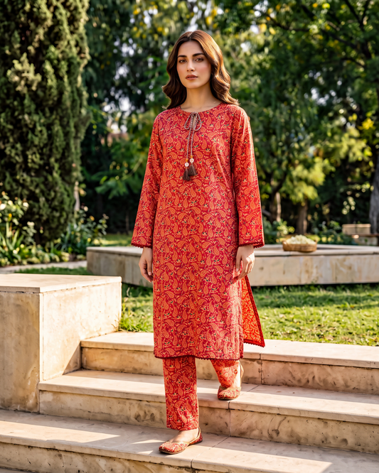Red Paisley Printed Stitched 2 Piece Lawn Suit | APC251108