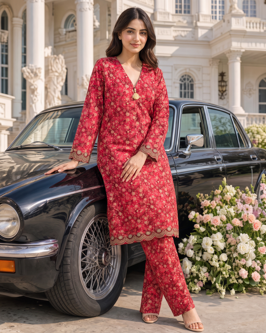 Gulnaar Red Printed Lawn Stitched 2-Piece Suit | APC251110