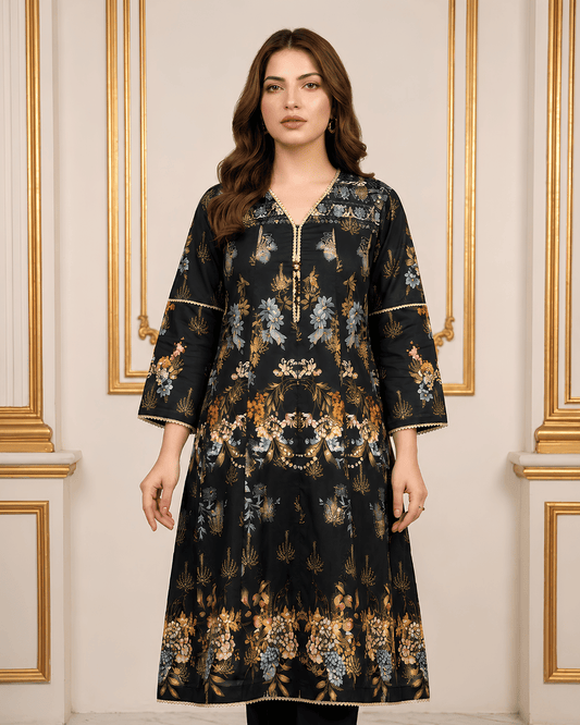 Black Floral Printed Premium Lawn Kurti – One-Piece | A11326106