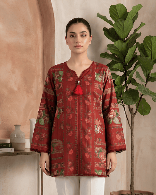 Maroon Floral Printed Premium Lawn Kurti One-Piece | A2226123