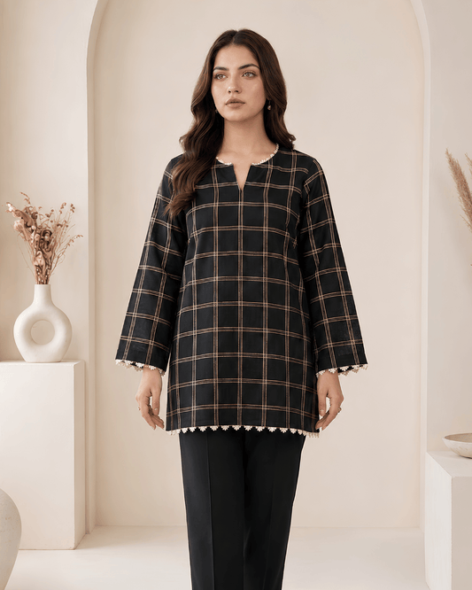 Black Checkered Premium Lawn Kurtie One-Piece | A2226220