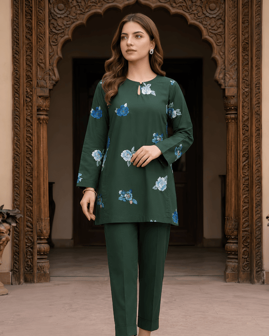 Dark Green Floral Printed Premium Lawn Kurti – One-Piece | A3326202