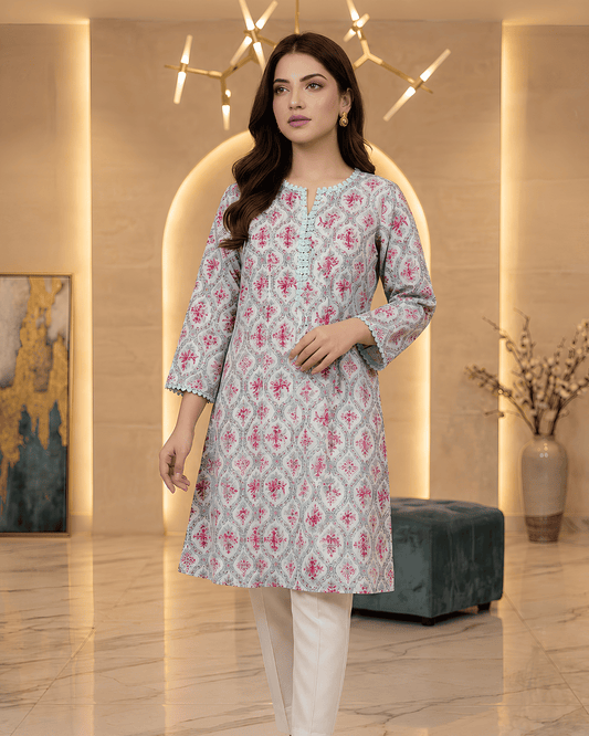 Mint Blue Printed Premium Lawn Kurti with Lace Details – One-Piece | A2226102F8
