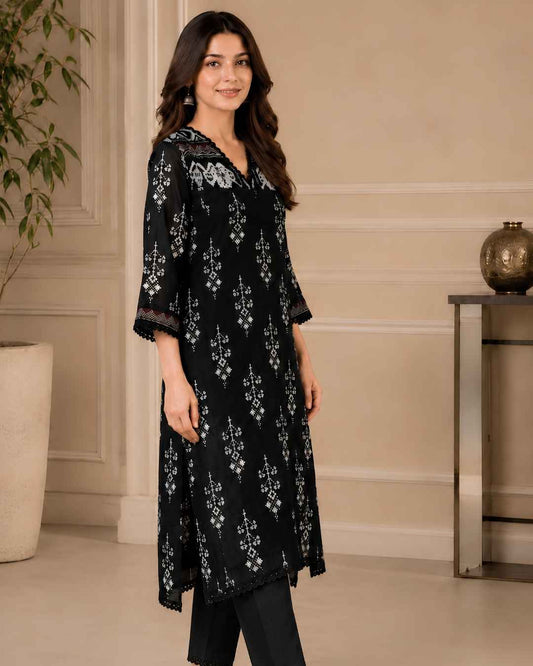 Black & White Premium Lawn One-Piece Suit | A1126116V