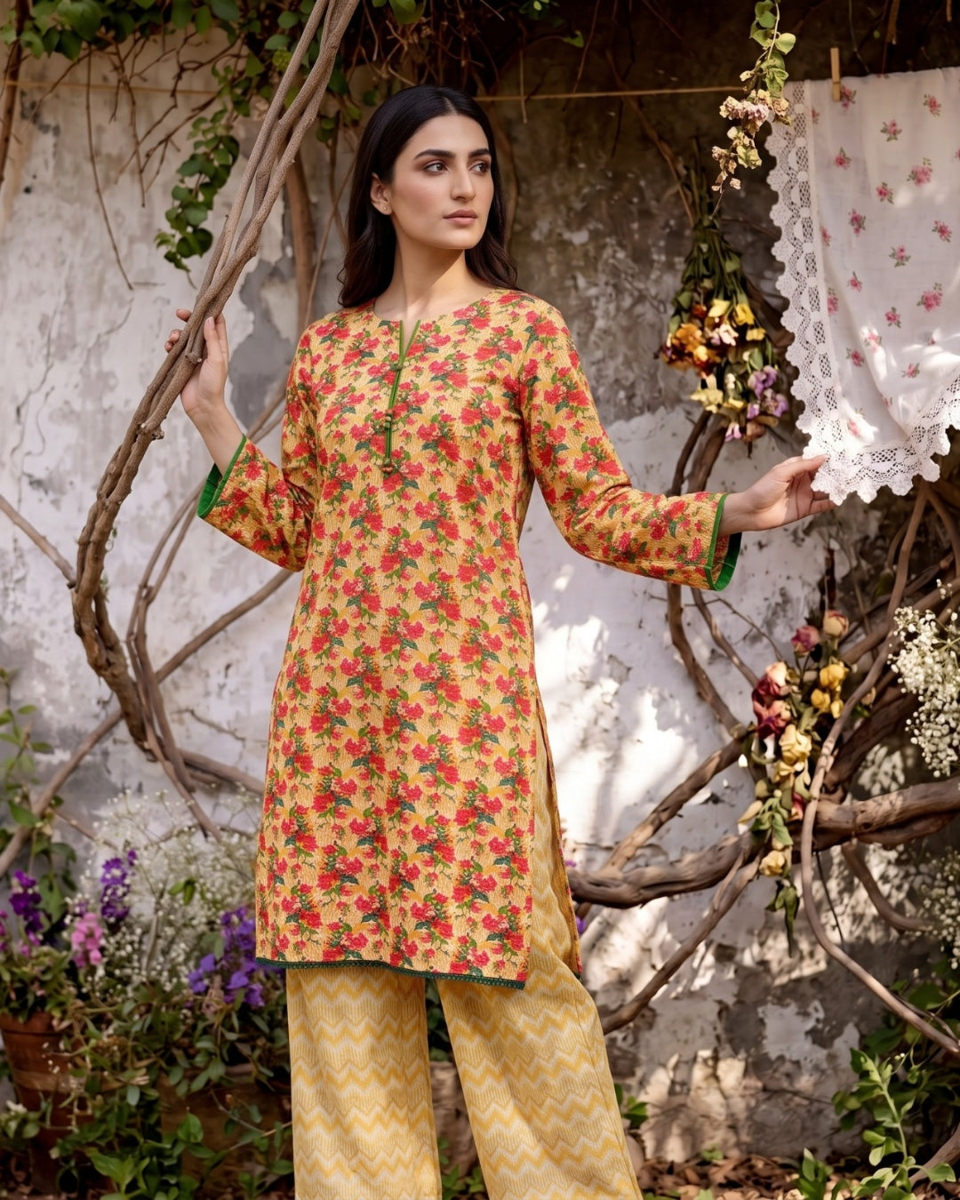 Yellow Floral Printed 2 Piece Lawn Suit | APC251102