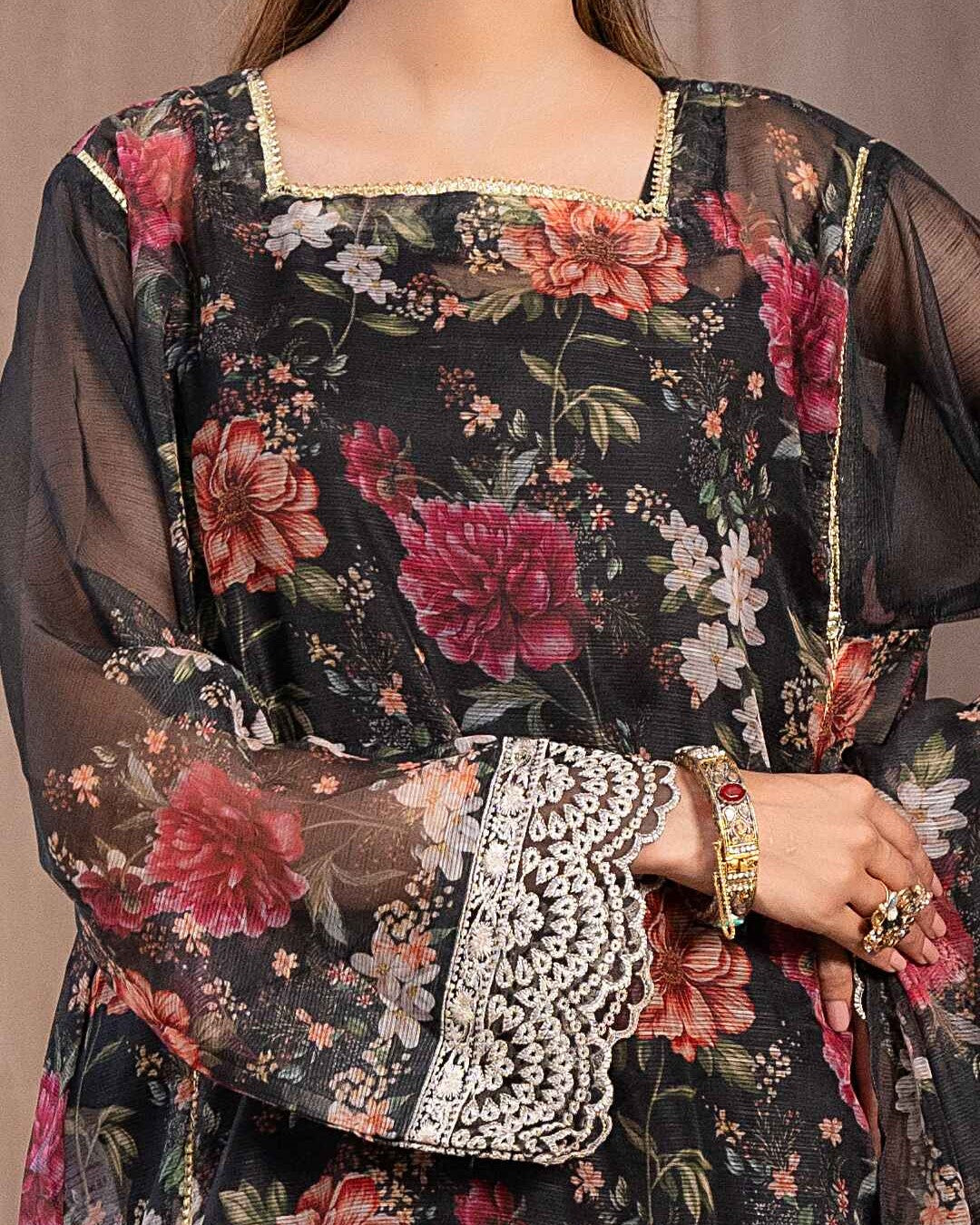 Embroidered chiffon  3PC - Black Garden