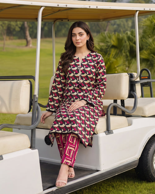 Black & Red Geometric Printed Stitched 2 Piece Lawn Suit | APC251101