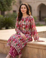 Ayla Studio Red Floral Printed Unstitched 2 Piece Lawn Suit | APC251109