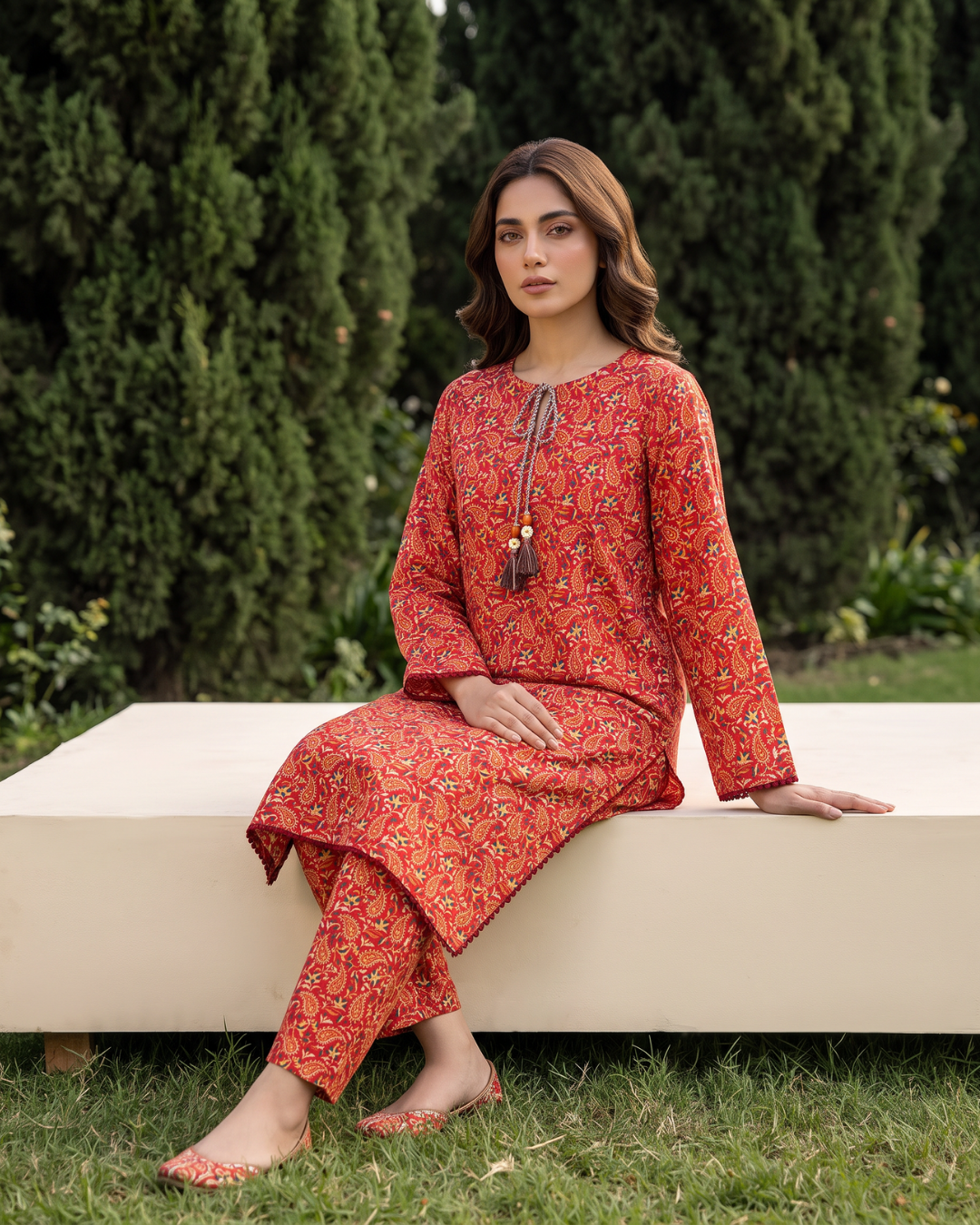 Red Paisley Printed Stitched 2 Piece Lawn Suit | APC251108