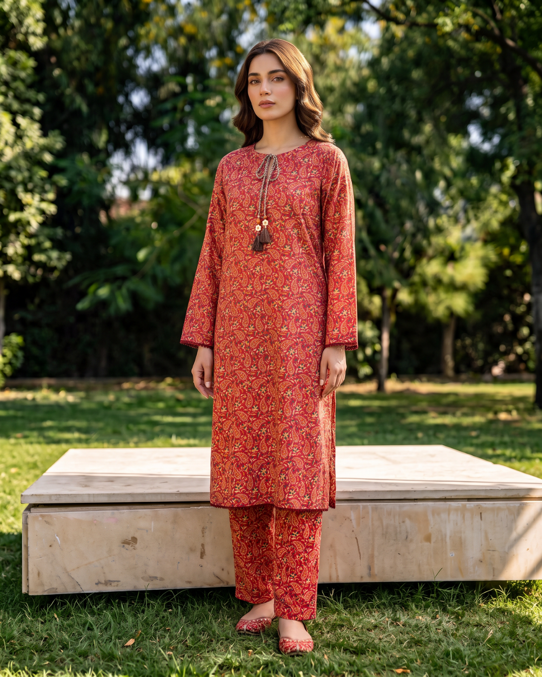 Red Paisley Printed Stitched 2 Piece Lawn Suit | APC251108