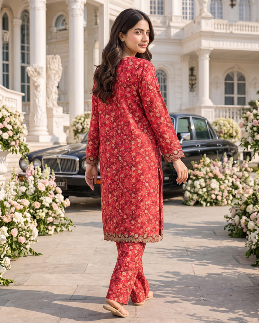 Gulnaar Red Printed Lawn Stitched 2-Piece Suit | APC251110