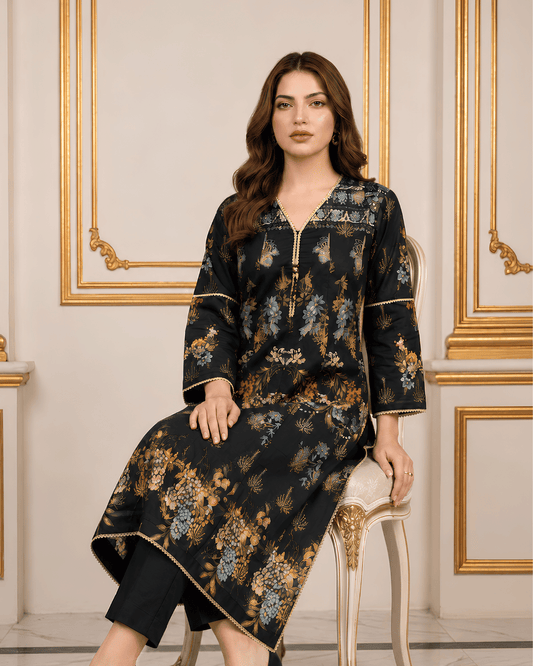 Black Floral Printed Premium Lawn Kurti – One-Piece | A11326106