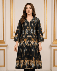 Black Floral Printed Premium Lawn Kurti – One-Piece | A11326106