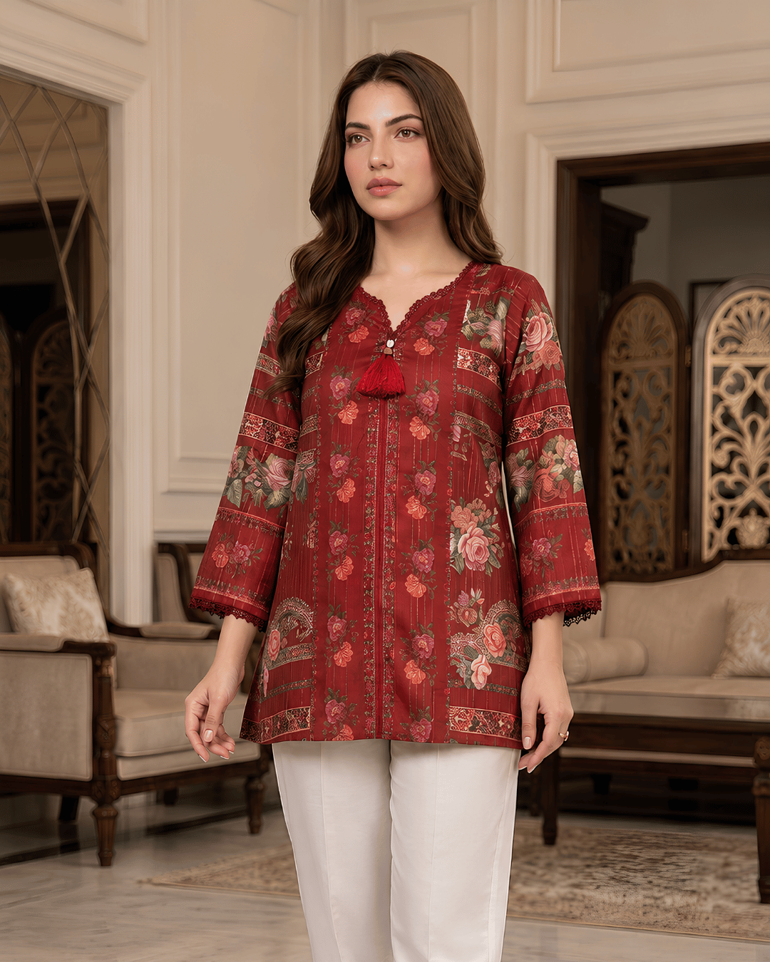 Maroon Floral Printed Premium Lawn Kurti One-Piece | A2226123