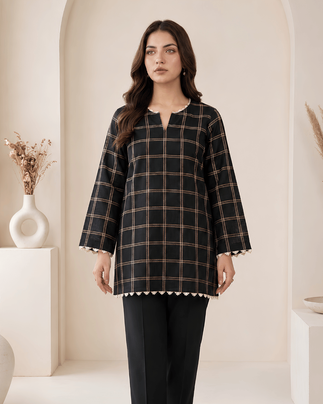 Black Checkered Premium Lawn Kurtie One-Piece | A2226220