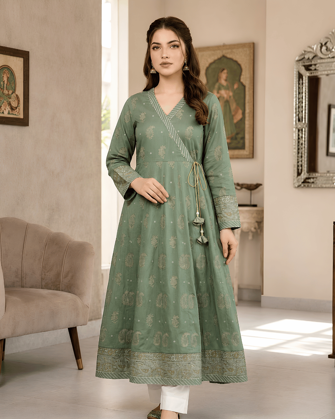Sage Green Angrakha-Style Premium Lawn Kurti One-Piece | A3326105B