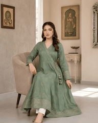 Sage Green Angrakha-Style Premium Lawn Kurti One-Piece | A3326105B