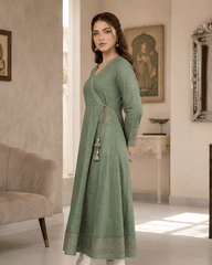 Sage Green Angrakha-Style Premium Lawn Kurti One-Piece | A3326105B