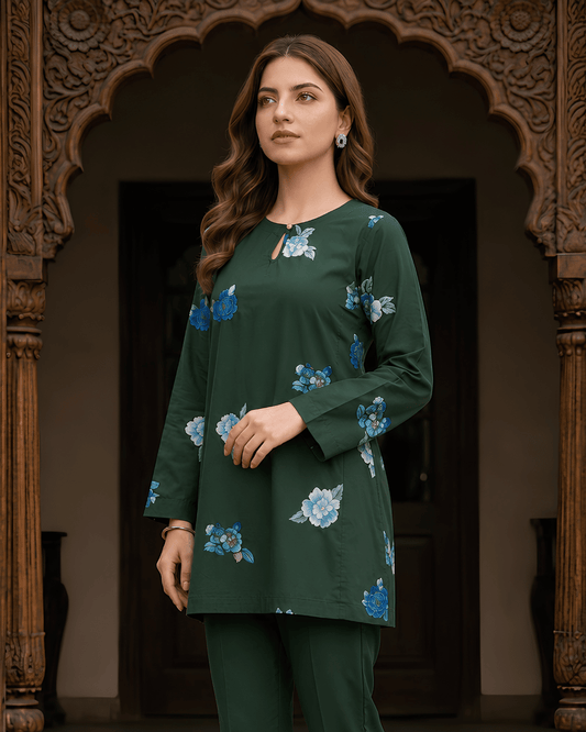 Dark Green Floral Printed Premium Lawn Kurti – One-Piece | A3326202