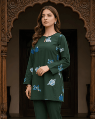 Dark Green Floral Printed Premium Lawn Kurti – One-Piece | A3326202
