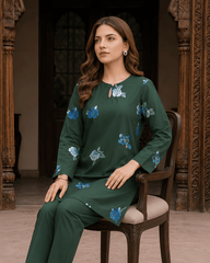 Dark Green Floral Printed Premium Lawn Kurti – One-Piece | A3326202
