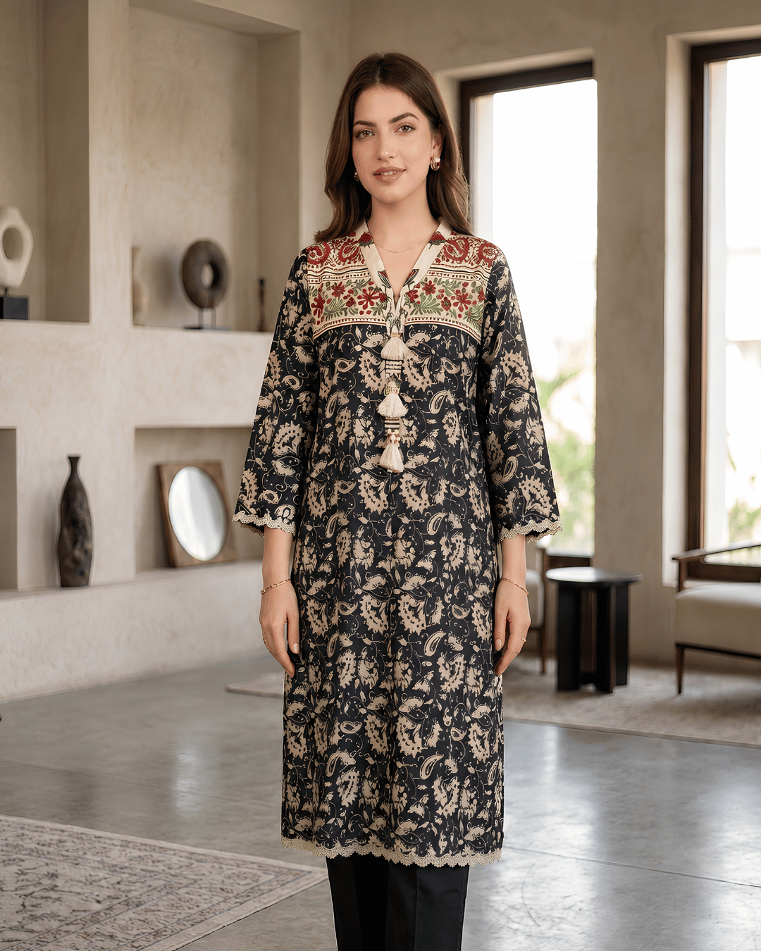 Black & Beige Printed Premium Lawn Kurti- One-Piece | TA2226110