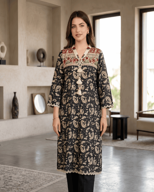 Black & Beige Printed Premium Lawn Kurti- One-Piece | TA2226110