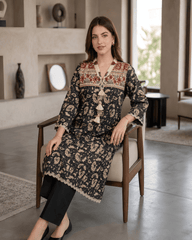 Black & Beige Printed Premium Lawn Kurti- One-Piece | TA2226110