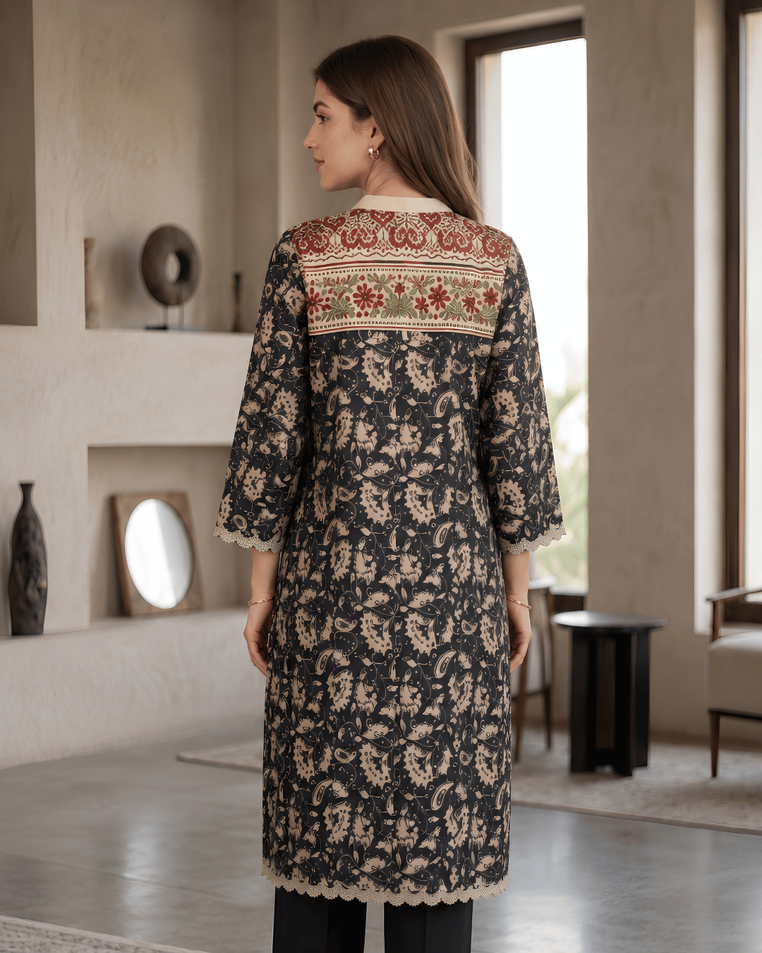 Black & Beige Printed Premium Lawn Kurti- One-Piece | TA2226110