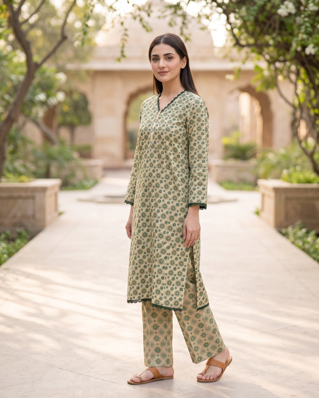 Ayla Studio Green Floral Printed 2 Piece Lawn Suit | APC251105