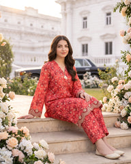 Gulnaar Red Printed Lawn Stitched 2-Piece Suit | APC251110