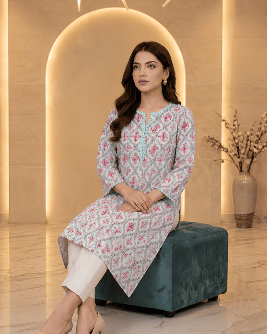 Mint Blue Printed Premium Lawn Kurti with Lace Details – One-Piece | A2226102F8