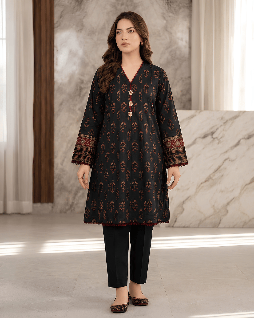 Black Printed Premium Lawn Kurti – One-Piece | A2226216FA