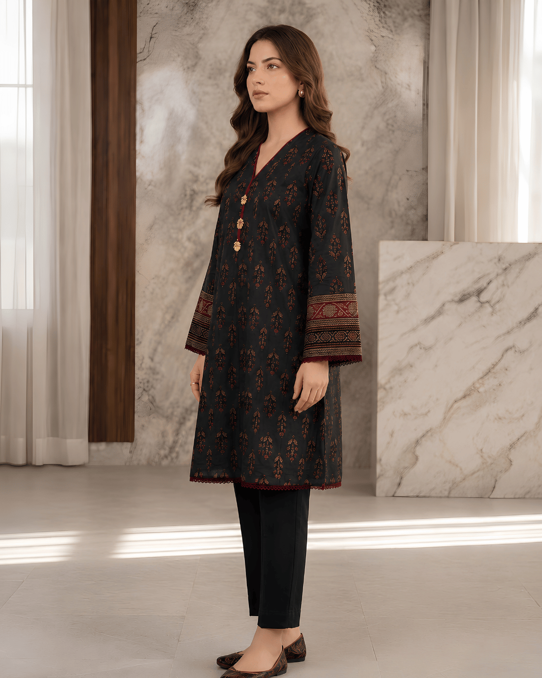 Black Printed Premium Lawn Kurti – One-Piece | A2226216FA