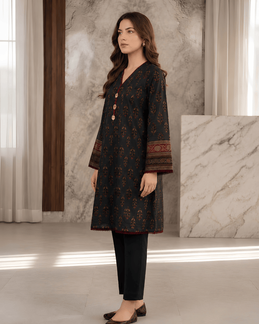Black Printed Premium Lawn Kurti – One-Piece | A2226216FA
