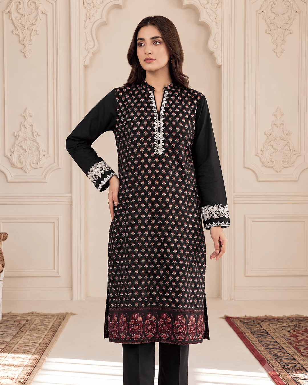 Black Printed Premium Lawn Kurti with Embroidered Details – One-Piece | TA2226209
