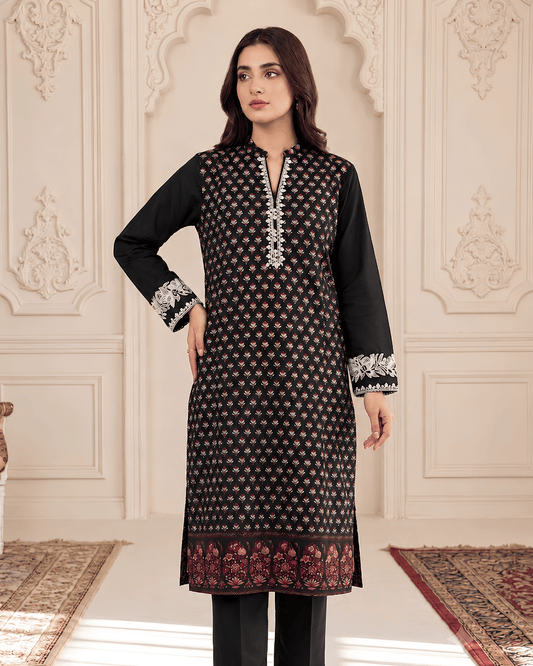 Black Printed Premium Lawn Kurti with Embroidered Details – One-Piece | TA2226209
