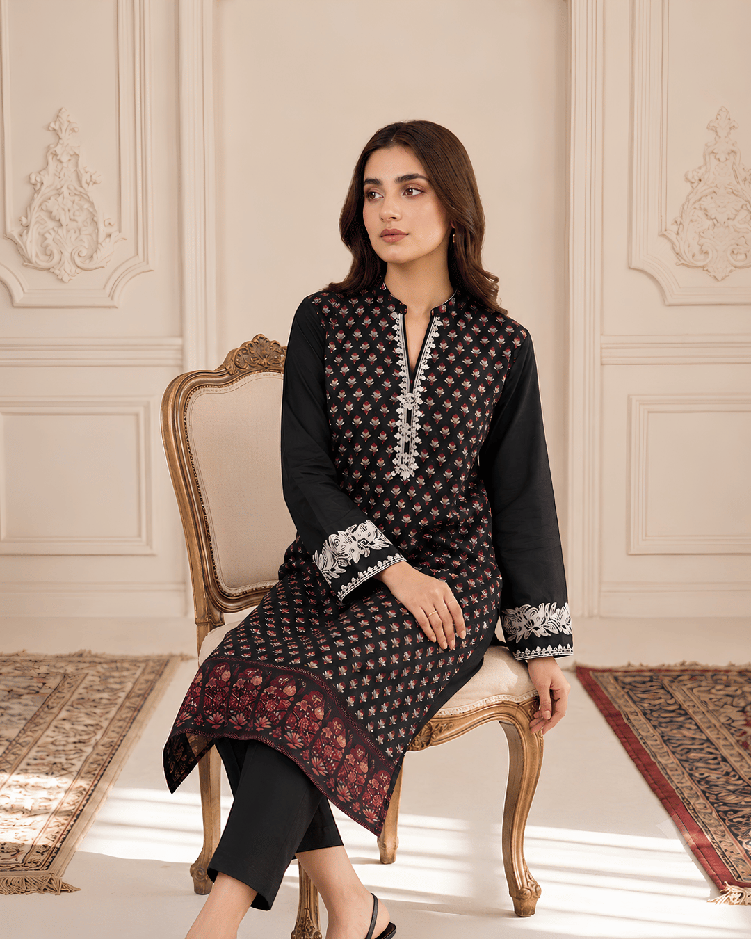 Black Printed Premium Lawn Kurti with Embroidered Details – One-Piece | TA2226209