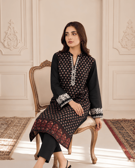 Black Printed Premium Lawn Kurti with Embroidered Details – One-Piece | TA2226209