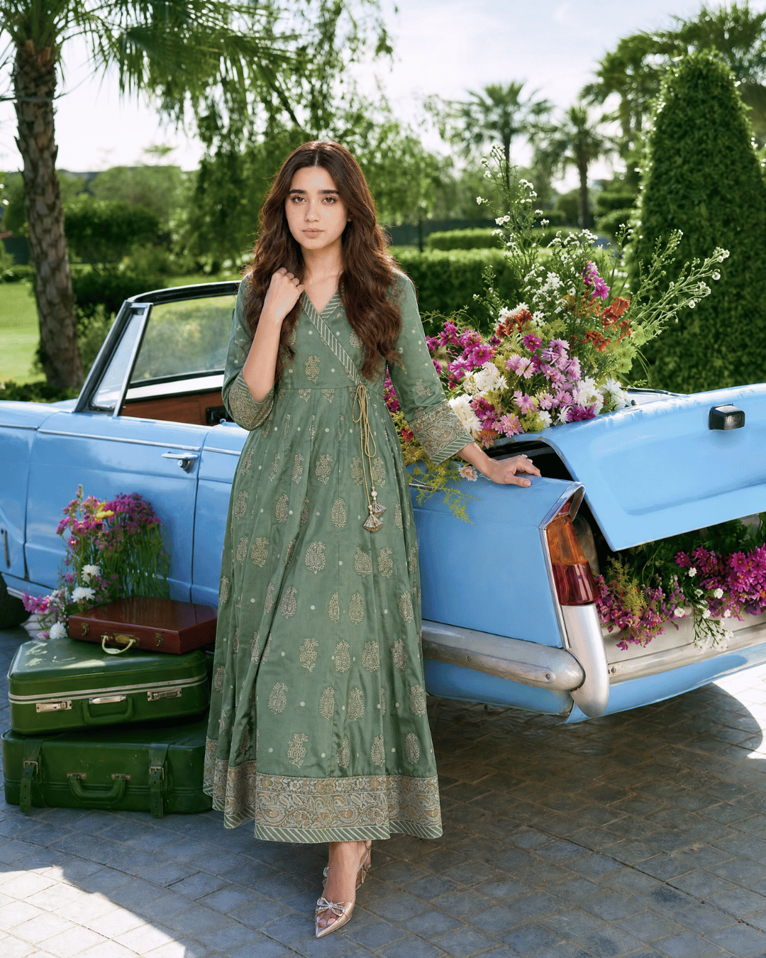 Sage Green Angrakha-Style Premium Lawn Kurti One-Piece | A3326105B