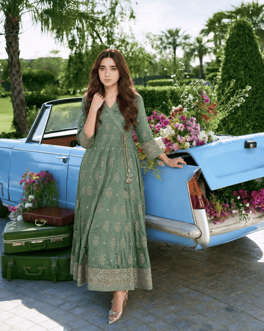 Sage Green Angrakha-Style Premium Lawn Kurti One-Piece | A3326105B