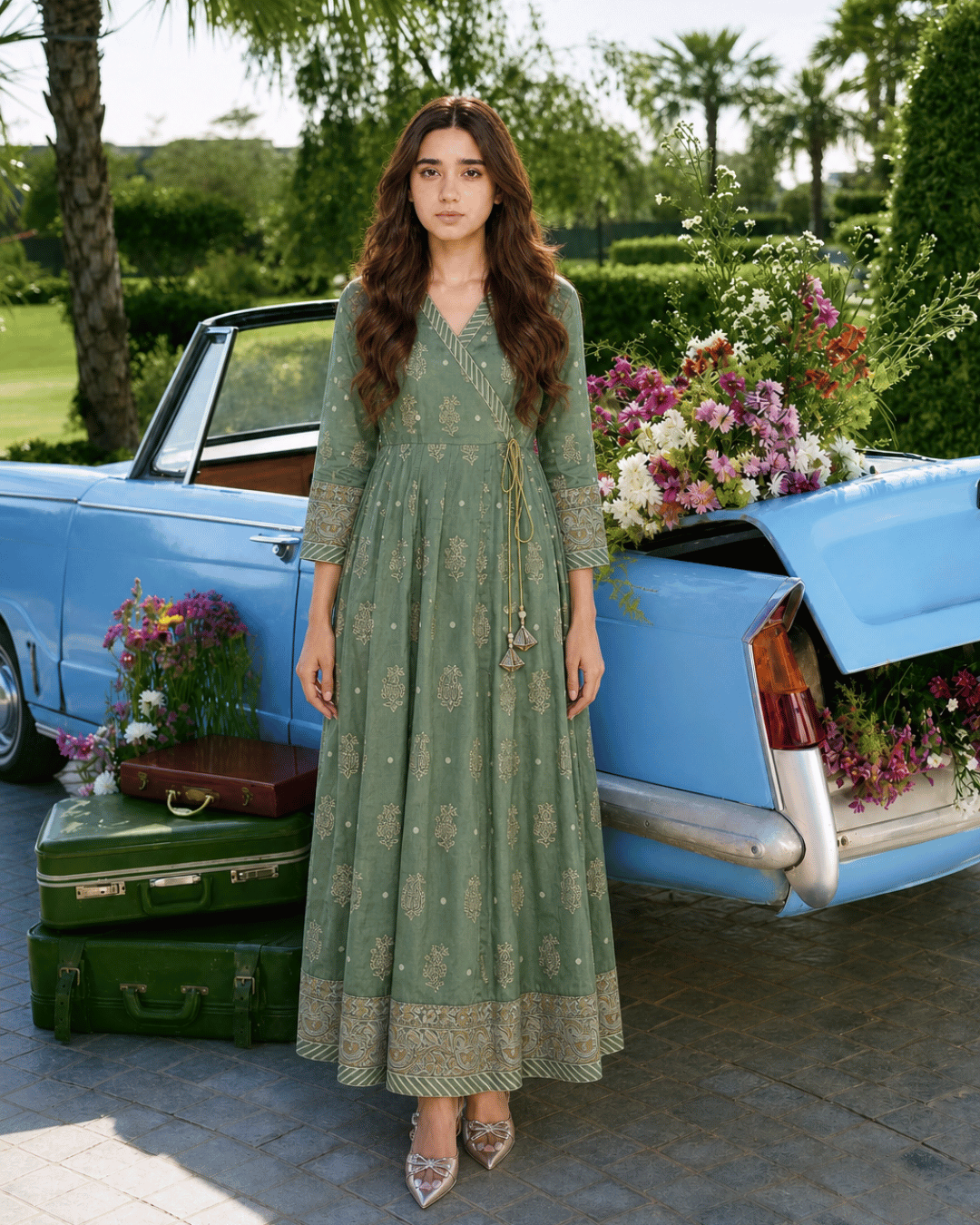 Sage Green Angrakha-Style Premium Lawn Kurti One-Piece | A3326105B