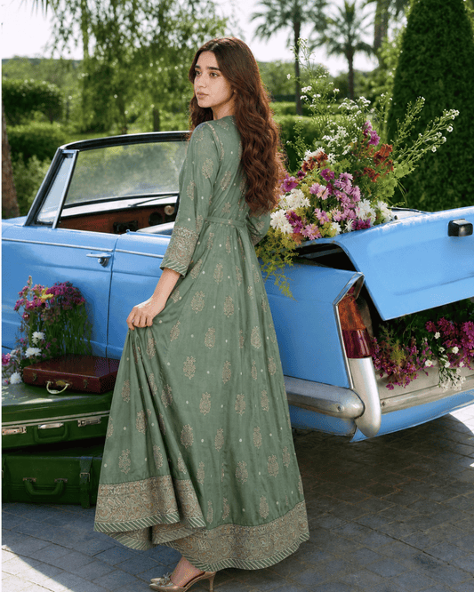 Sage Green Angrakha-Style Premium Lawn Kurti One-Piece | A3326105B