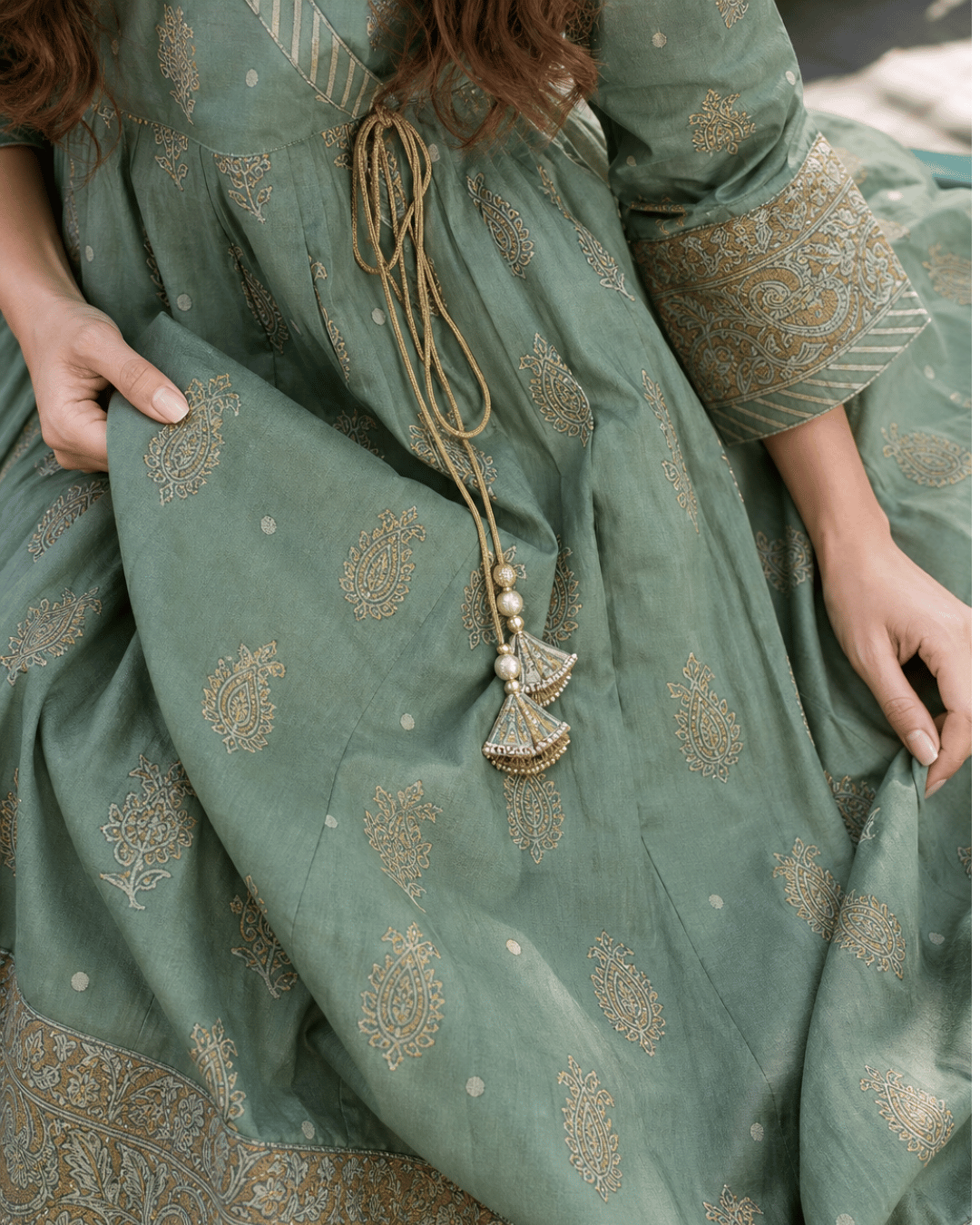 Sage Green Angrakha-Style Premium Lawn Kurti One-Piece | A3326105B
