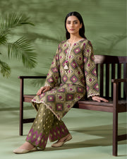 Olive Geometric Printed 2 Piece Lawn Suit | APC251107