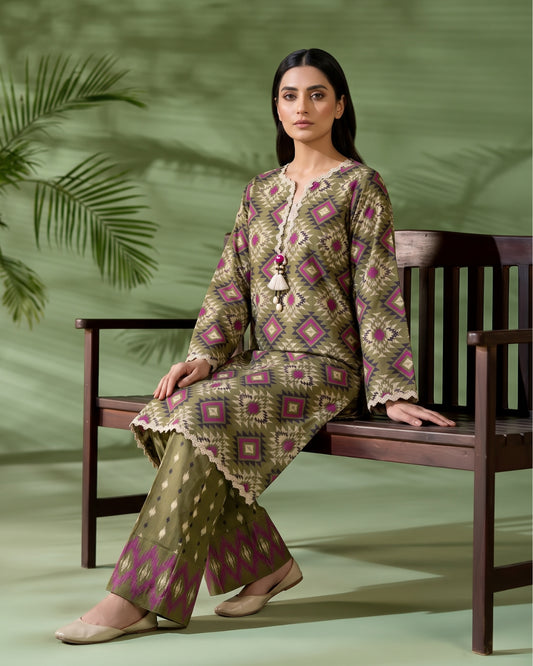 Olive Geometric Printed 2 Piece Lawn Suit | APC251107