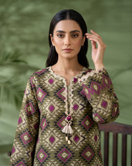 Olive Geometric Printed 2 Piece Lawn Suit | APC251107
