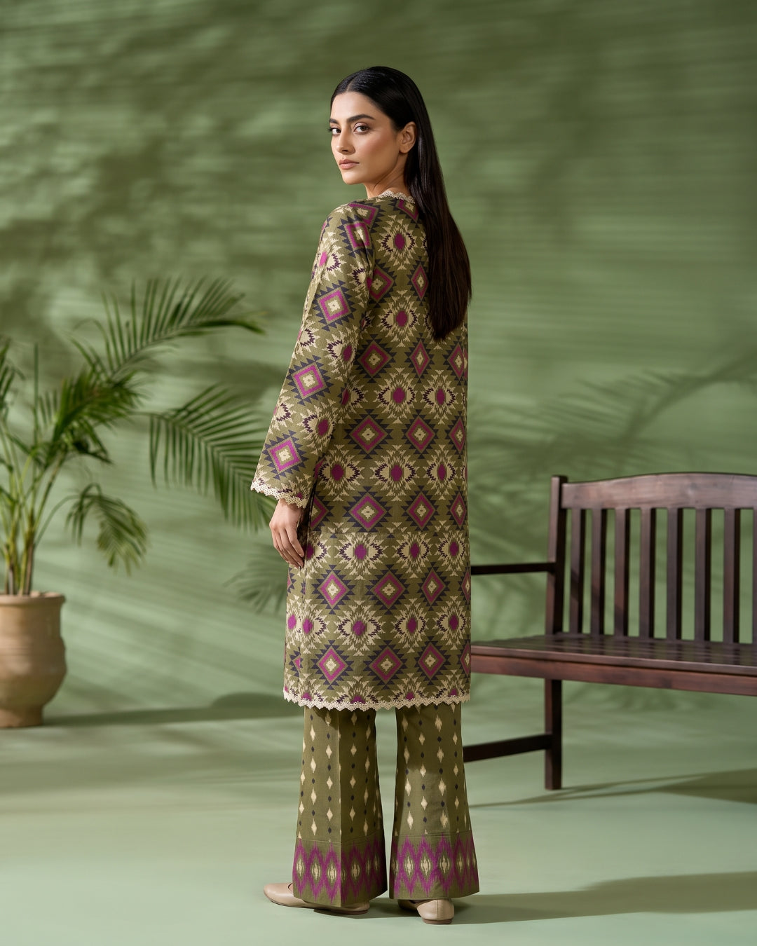 Olive Geometric Printed 2 Piece Lawn Suit | APC251107