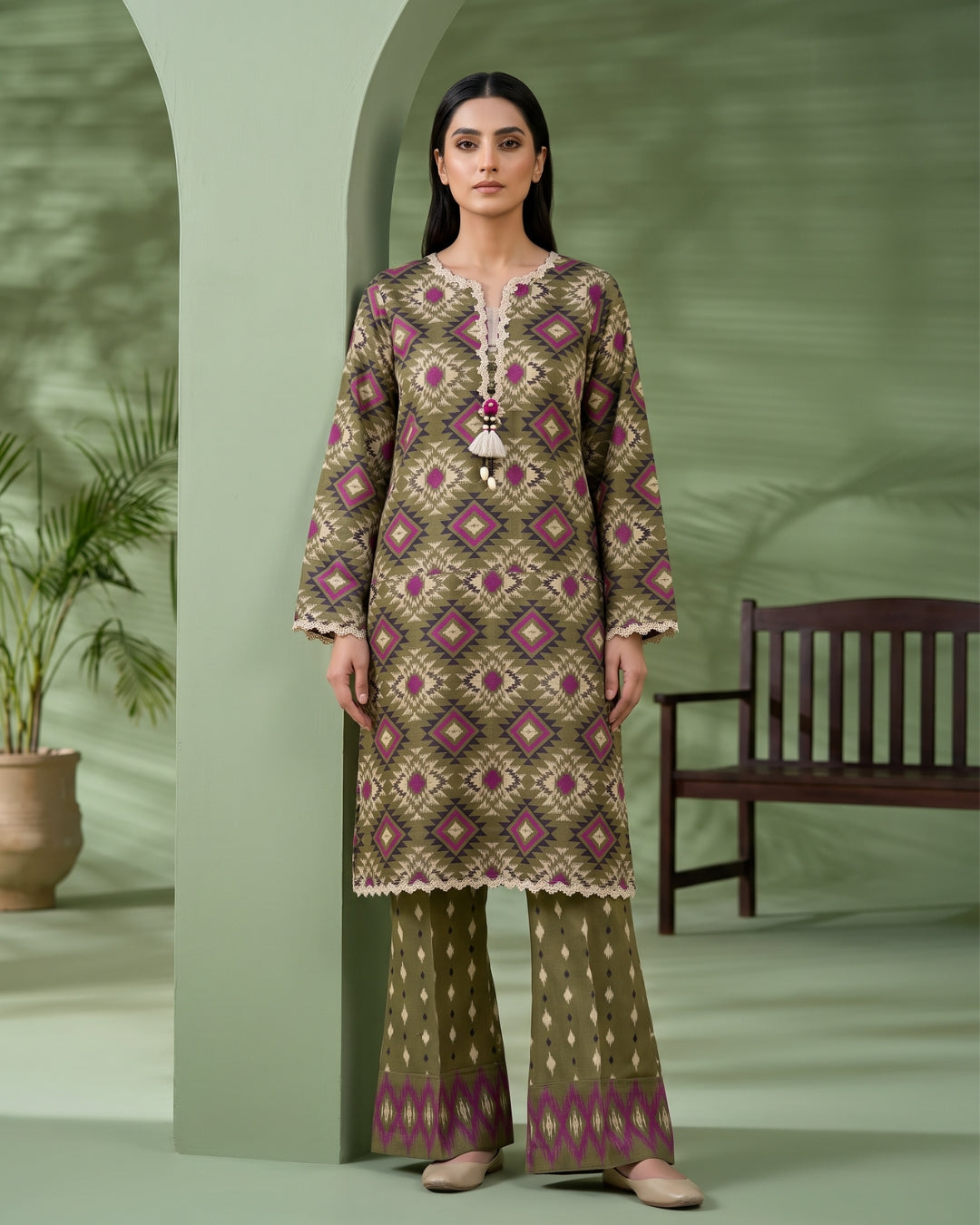 Olive Geometric Printed 2 Piece Lawn Suit | APC251107