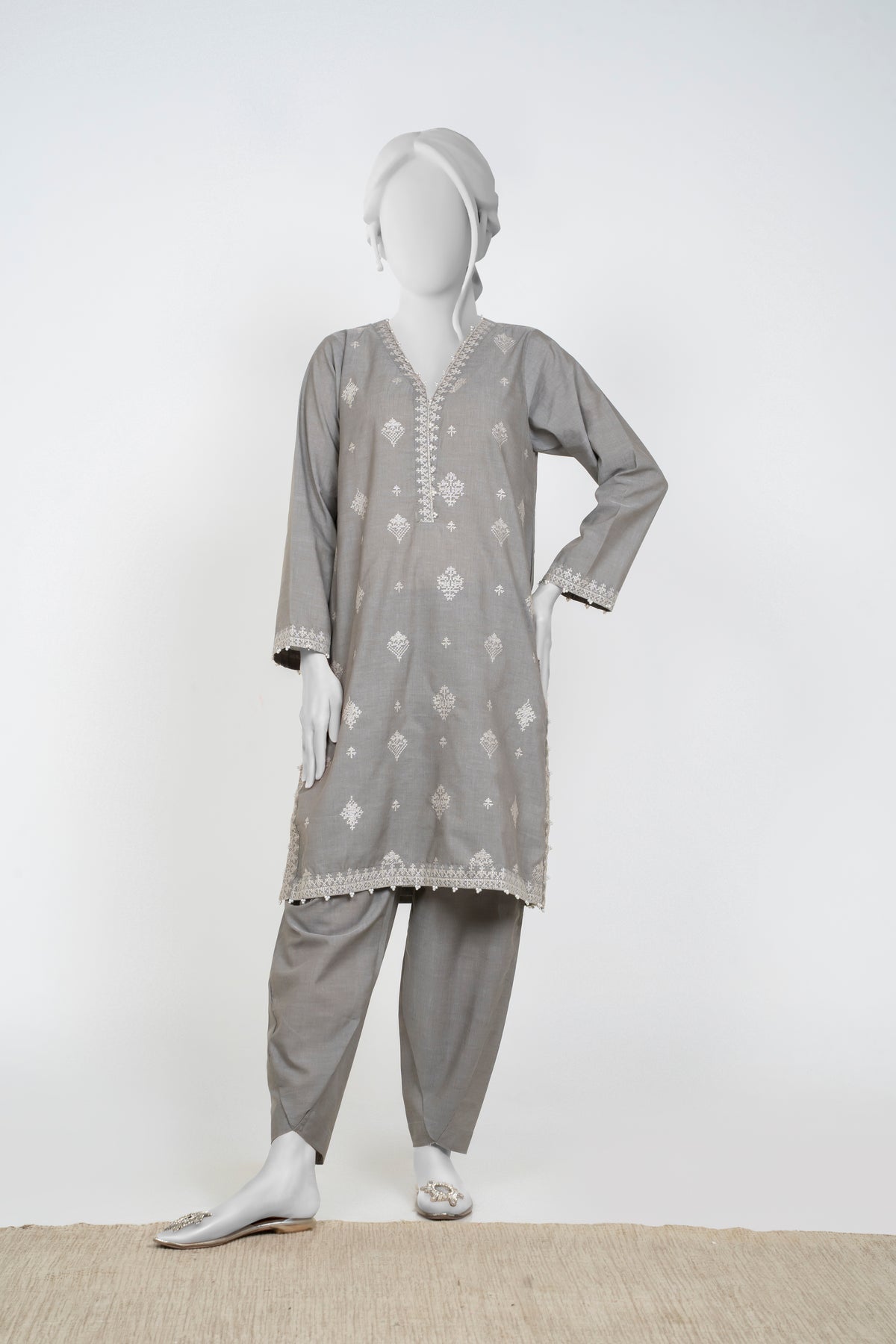 Solid Embroidered | 2-Piece RTW | Silver Grey